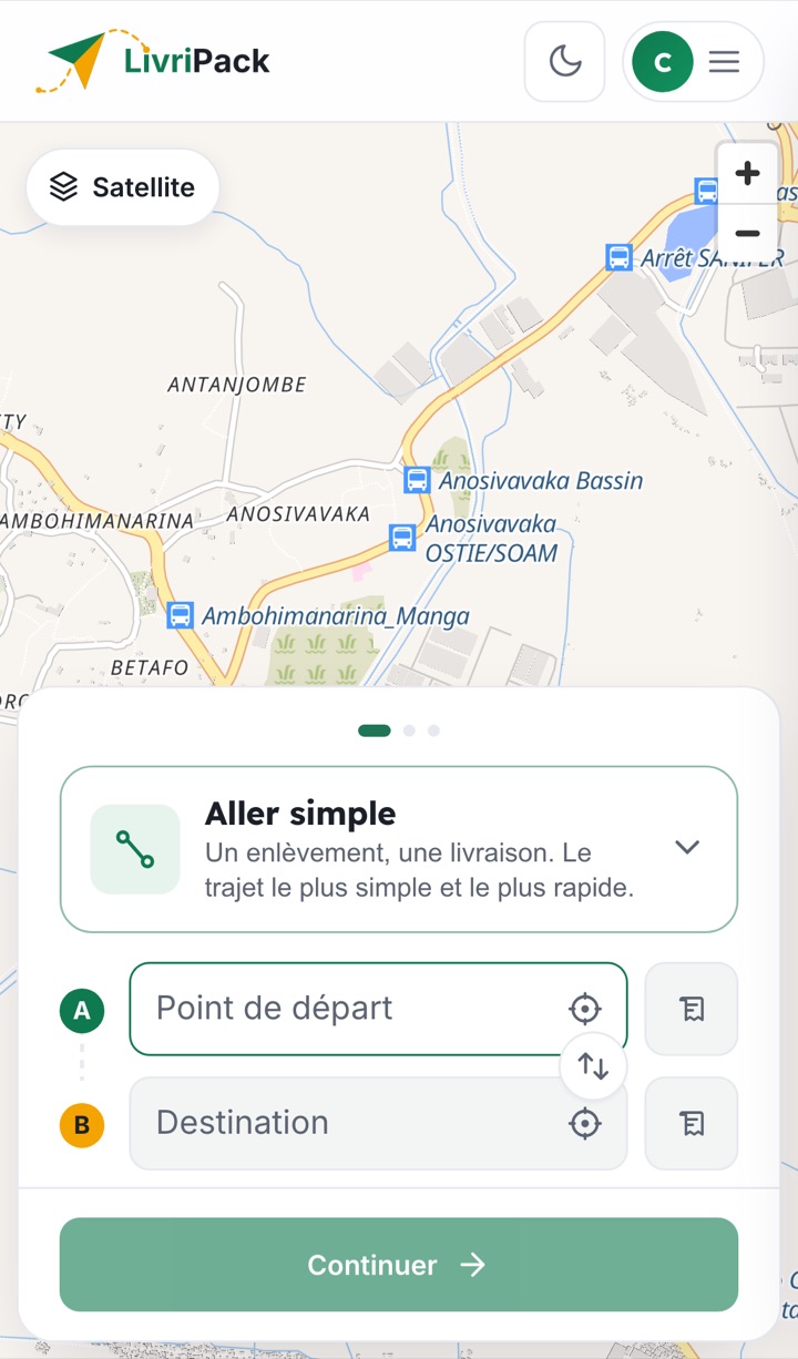 Ordering a delivery on the Antananarivo map in the LivriPack app